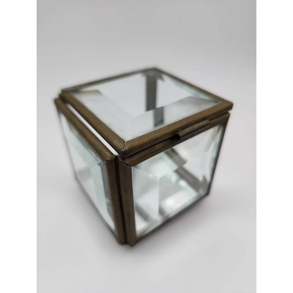 Small Vtg Thick Beveled Glass & Brass Jewelry/Trinket Box 2-5/8